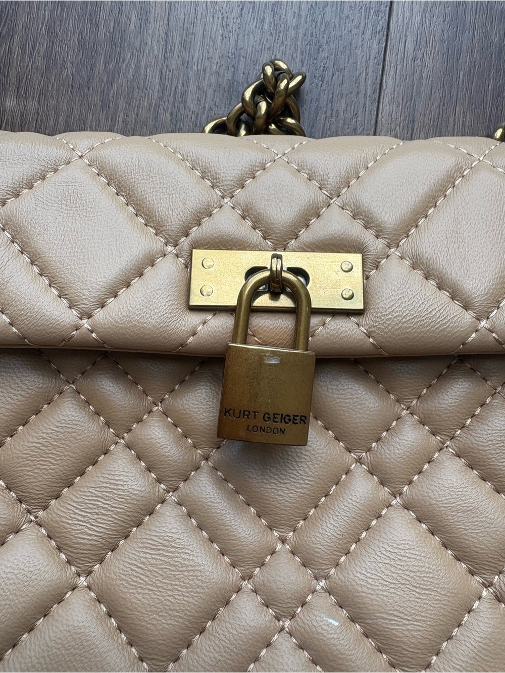 Kurt Geiger Quilted Shoulder Bag in Beige with Gold Padlock
